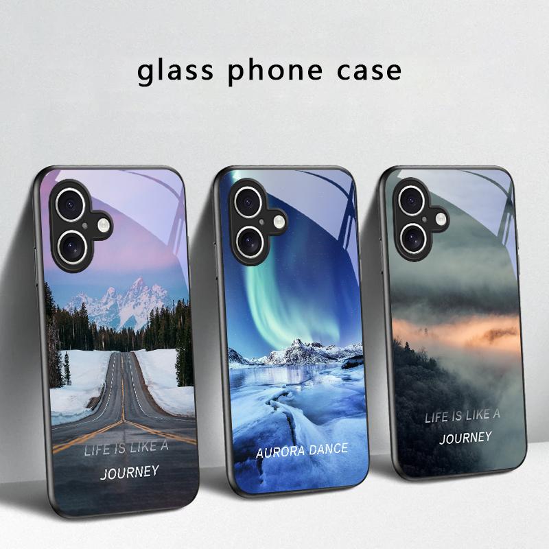 Lake Aurora Ice Surface For iPhone 17 Air 16 E 15 Plus 14 Pro Max 13 12 Mini 11 5 6 7 8 Plus XR XS Max SE Black Glass Phone Case