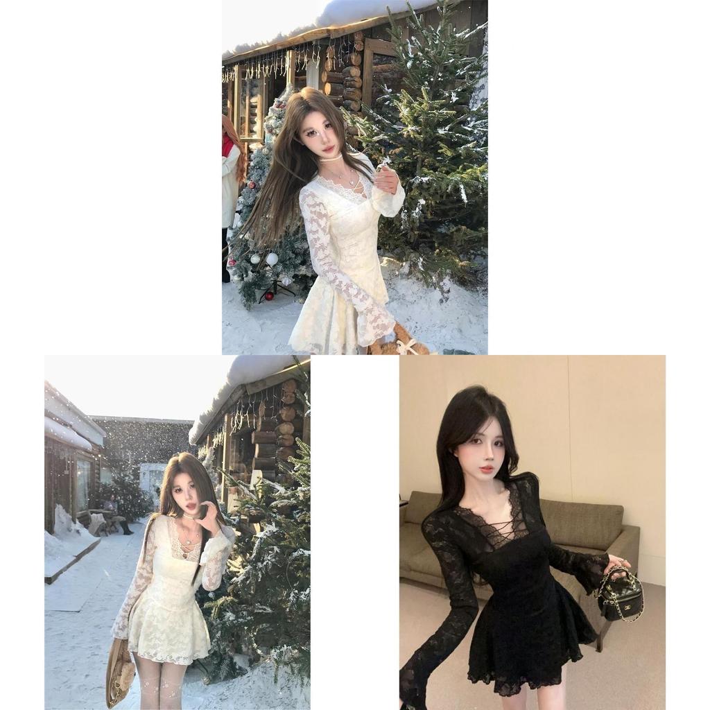 Elegant Lace Long Sleeve Dress With V Neck And Sheer Cutouts For Spring Fashion