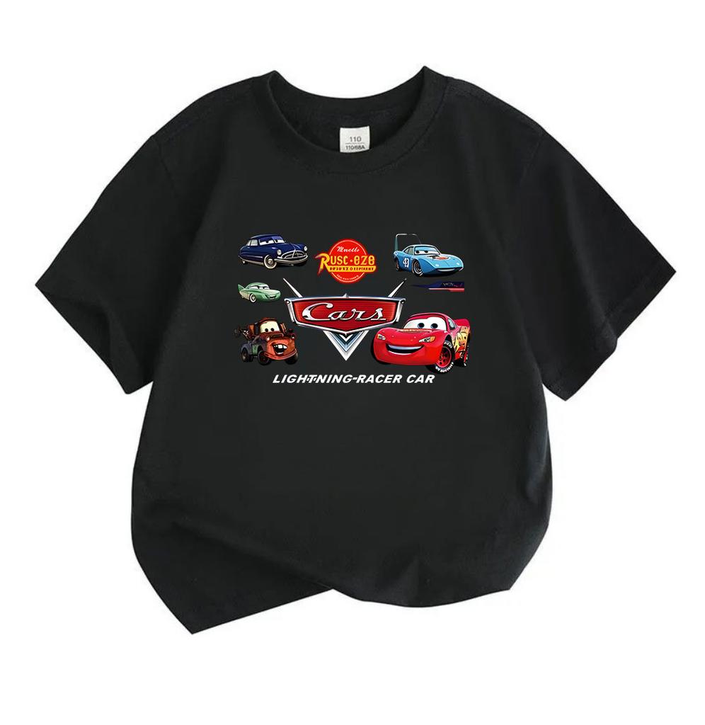 Kids Boys Girls Crew Neck Short Sleeve 100% Cotton T-shirt, Cute Cartoon Racing Car Printed Casual Tees for Children, Summer Soft Breathable Top for D