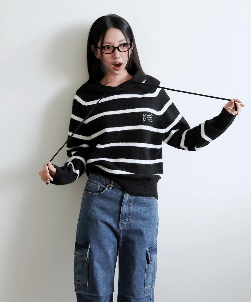 MUAHMUAH Striped Wool Brushed Hoodie Knit [Black]
