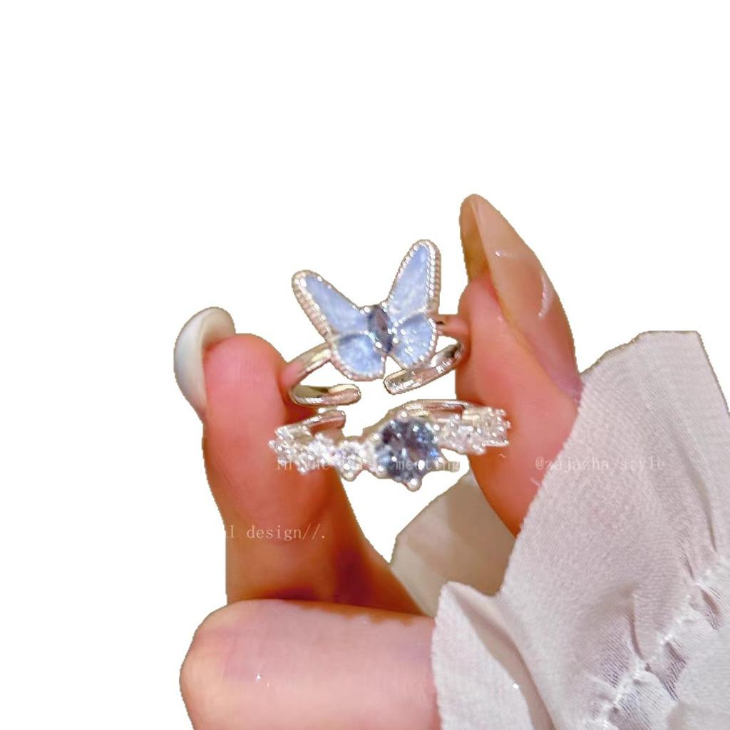 Ins Cold Wind Ice Blue Broken Diamond Butterfly Flower Light Luxury Open Ring Women's Simple Fashion Stacked Ring