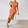 Spring and Autumn Women's Clothing Mesh Floral Pleats Sexy Tight Split Strapless Tube Top Dress