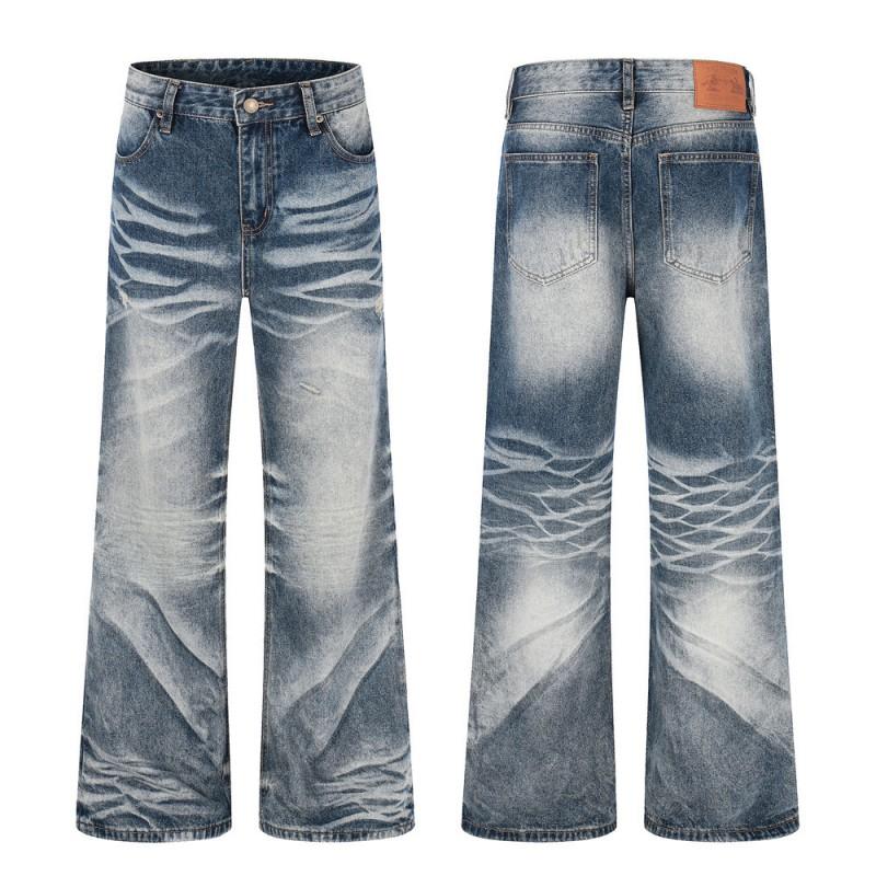 Mens Distressed Washed Denim Flared Jeans With Faded Effect Loose Fit Streetwear Pants Youth