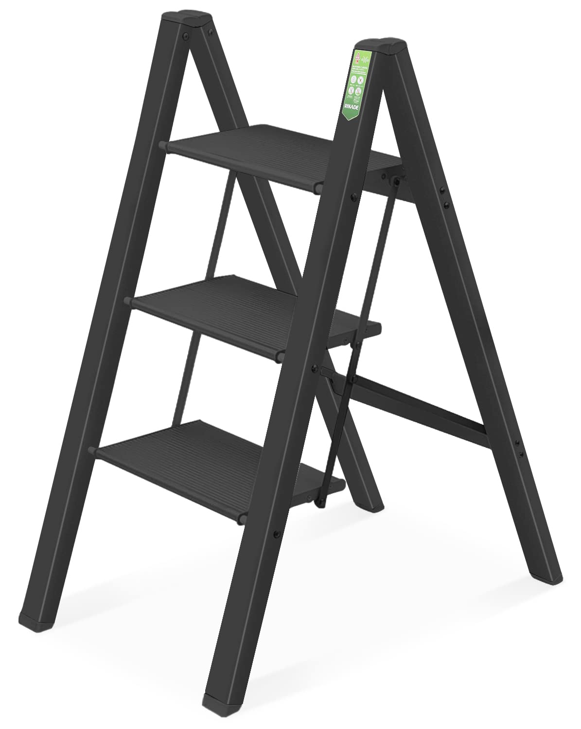 

Алюминиевая стремянка RIKADE, Легкая складная стремянка, Грузоподъемность 150 кг, Нескользящая, Складная стремянка (Чёрный, Три шага)