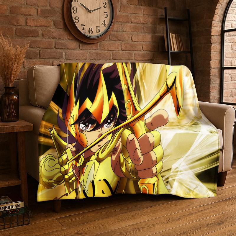 Retro Saint Seiya Anime Cartoon Flannel Blanket Soft Warm Throw Blanket for Bedroom Living Room Bed Travel Camping Picnic Gift