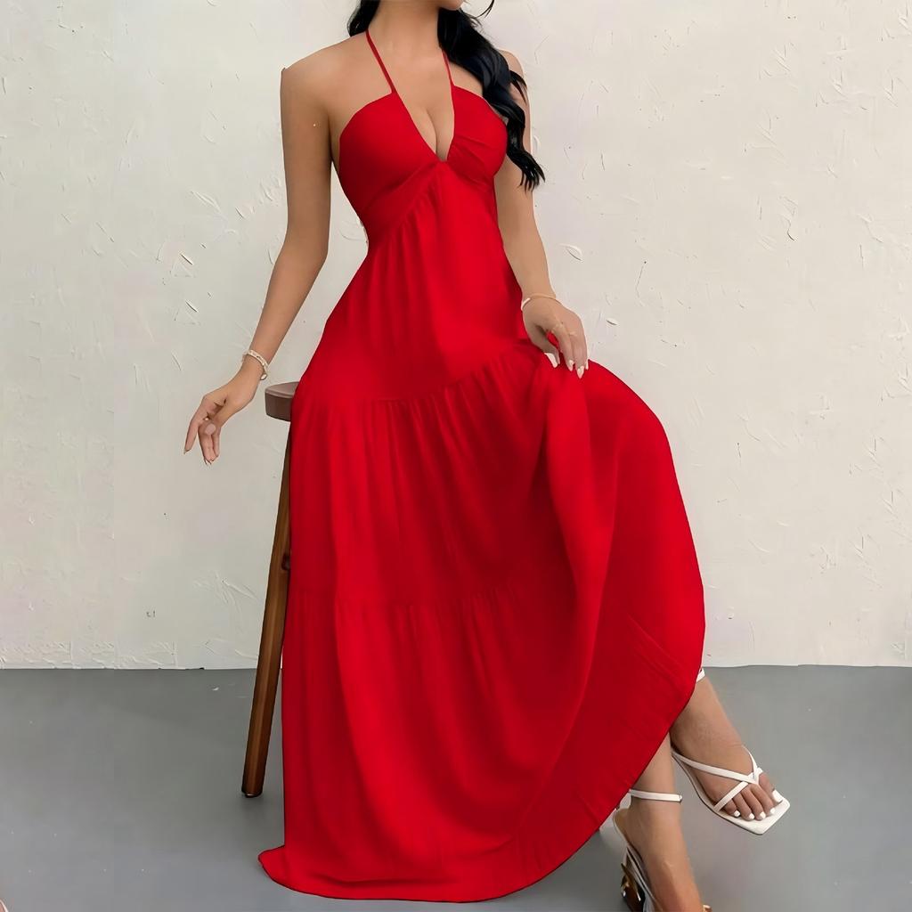Maxi Abito da Donna Senza Maniche con Scollo all'Americana Schiena Scoperta con Lacci Estivo da Spiaggia Casual Lungo per Vacanze e Tempo Libero