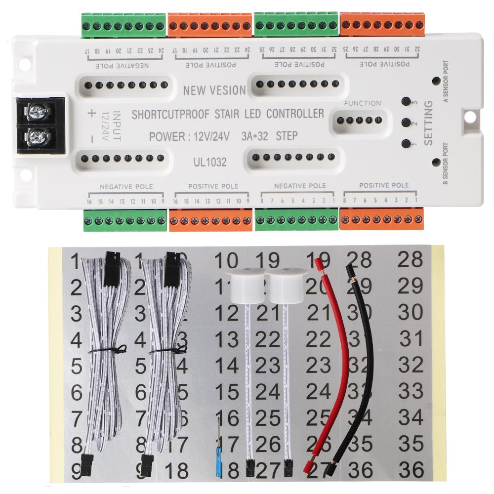 

Нічник-сходи Світлодіодне світло для сходів з датчиком руху Контролер захисту від короткого замикання 32 канали DC12V/24V білий