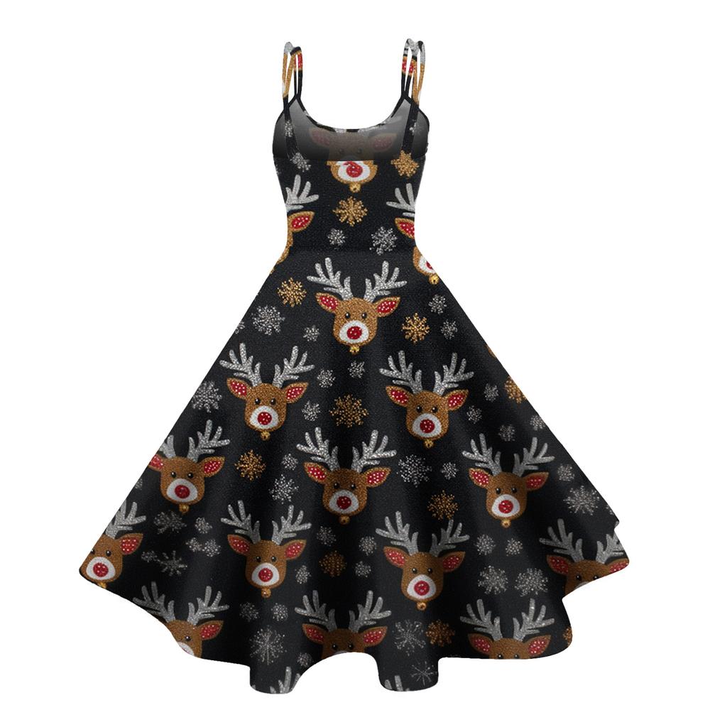 Sexy schulterfreies Punk-Retro-Kleid mit Weihnachtsdruck für Damen