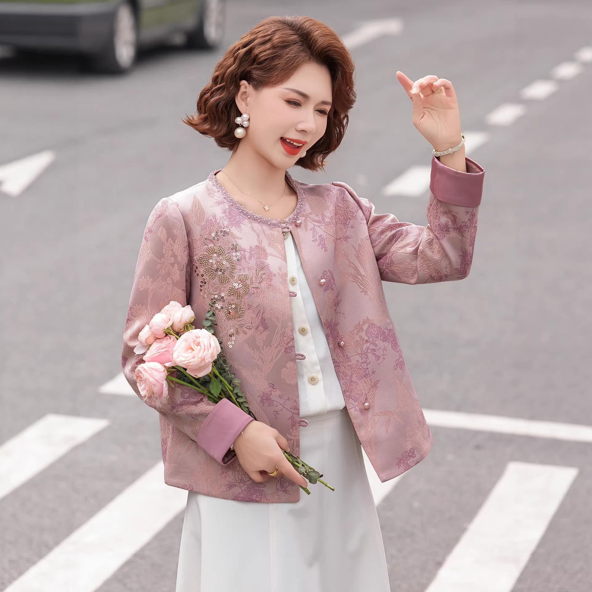 

Mother s Day 2026 Elegant Floral Jacket for Middle-Aged Women - Fashionable Round Neck Top 4XL (suggested 68-75 kg)