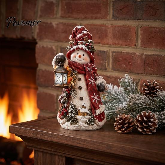 Christmas Gift for Friends Snowman Figurine, Resin Tabletop Decoration with Hat Scarf Pine Window Decorations Branches, Holiday Winter Decor