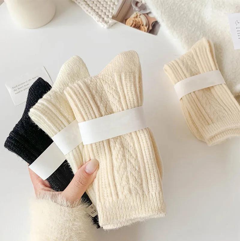 Women Winter Thicken Warm Black White Pack Set Thermal Japanese Fashion Solid Color 3 Pairs Lot New Cashmere Wool Socks