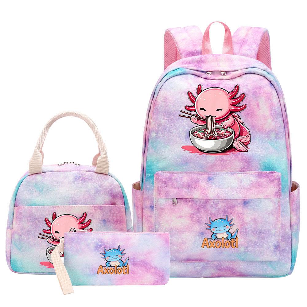3Pcs Axolotl Backpack for Girls Teen, School Bag with Lunch Box & Pencil Case, Kids Student Daypack, Mochila Back To School Gift