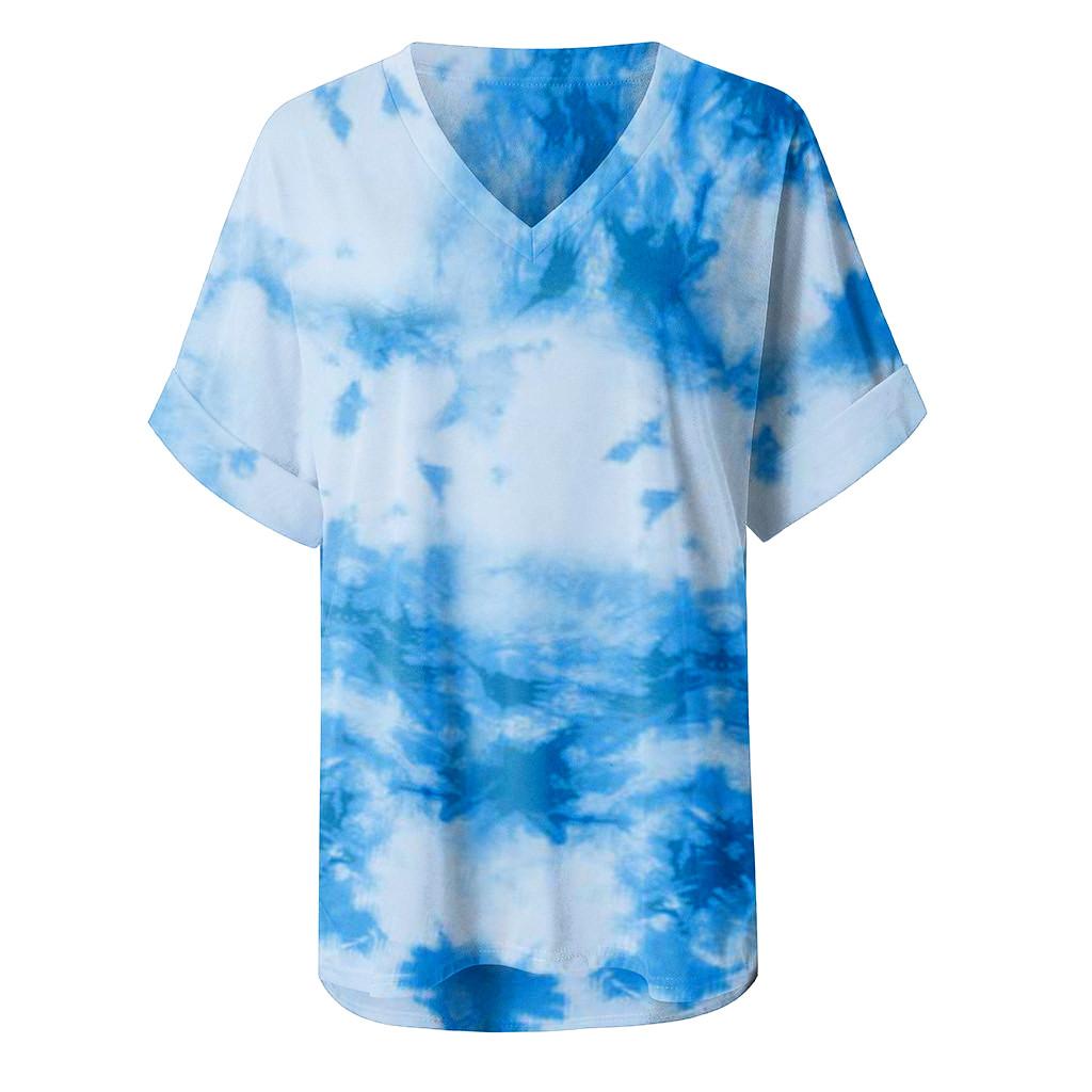 Womens Fashion Plus Size Gradient Color V-Neck Short Sleeve T-shirt Tops Blouse