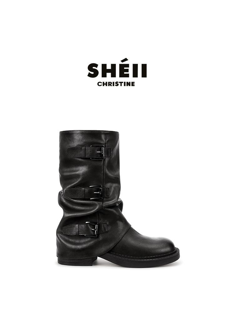 Su Yinyin has the same round head versatile Spice Girl trouser tube boots, thick sole heightening belt mouth, medium tube, western boots, stacked sh