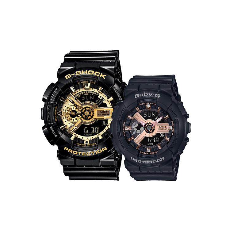 CASIO Unisex Pair Table Series Black Watch GA-110GB-1APR+BA-110RG-1APR Black Gold Watch Dial