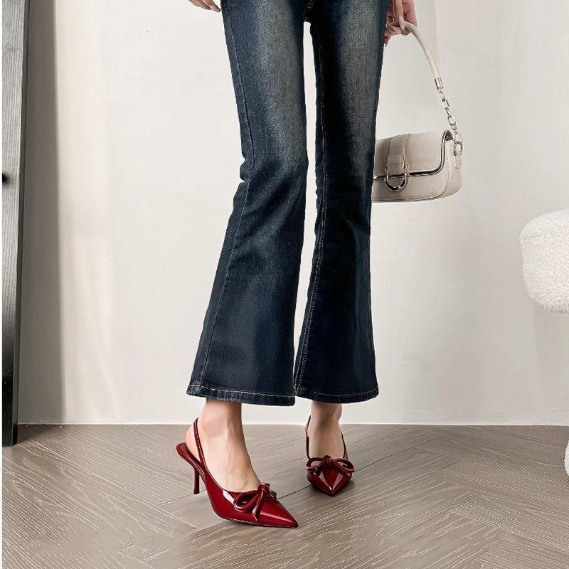 Retro fashion back strap bag head high heel sandals niche bow red pointed single shoes women's 2025 autumn new