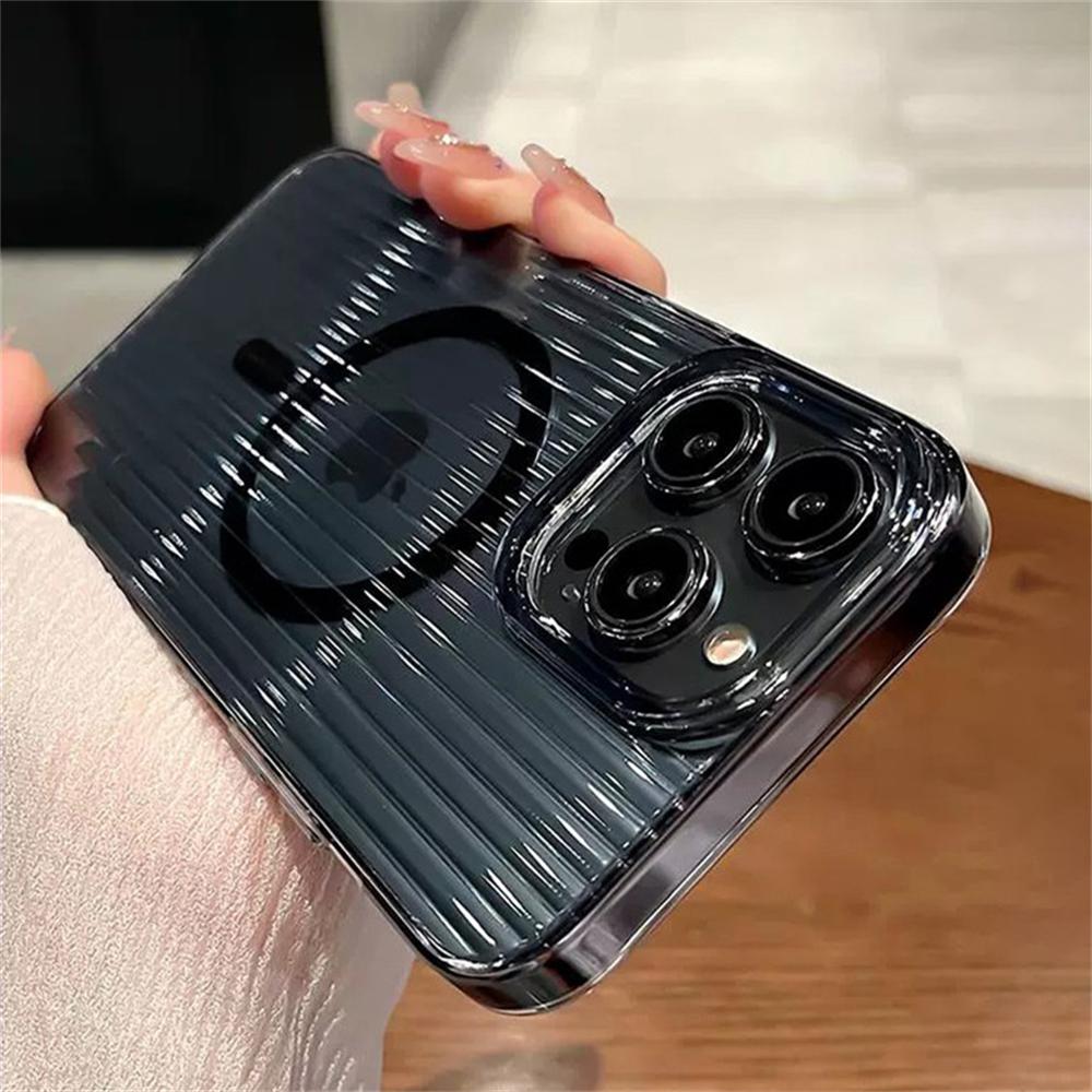Transparent Magnetic For Magsafe Wireless Charger Phone Case For iPhone 14 11 12 13 15 Pro Max Plus Shockproof Soft Stripe Cover