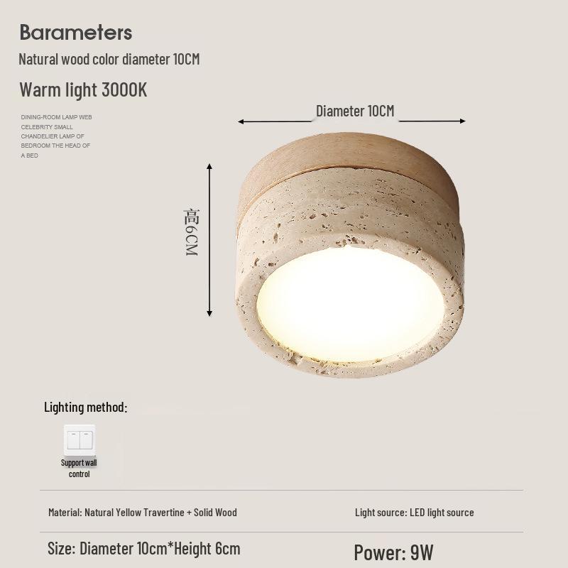 Wabi-Sabi Style Yellow Travertine and Walnut Ceiling Light for Hallways, Cloakrooms, and Balconies