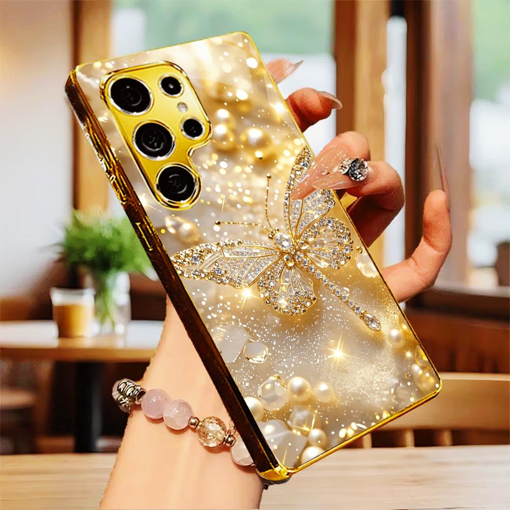 Trendy Diamond Dragonfly Phone Case Glass S26 Ultra Case S25 Ultra Case for Samsung Galaxy S26 S25 S24 S23 S22 FE Ultra Plus