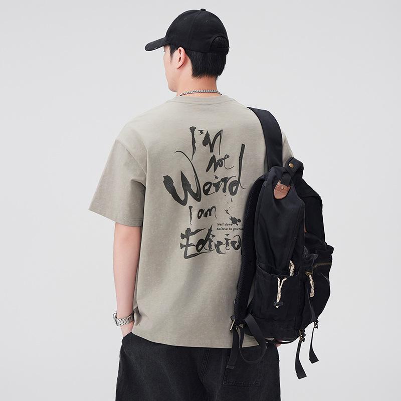 Summer Heavy Pure Cotton Short-sleeved T-shirt for Men's New Hand-painted Printed Loose Round Neck Half-sleeved Top
