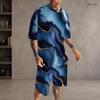 Men Plus Size Round Neck Short Sleeve Cyan Colorful Striped Printed T Shirt And Pocket Shorts Two Piece Set