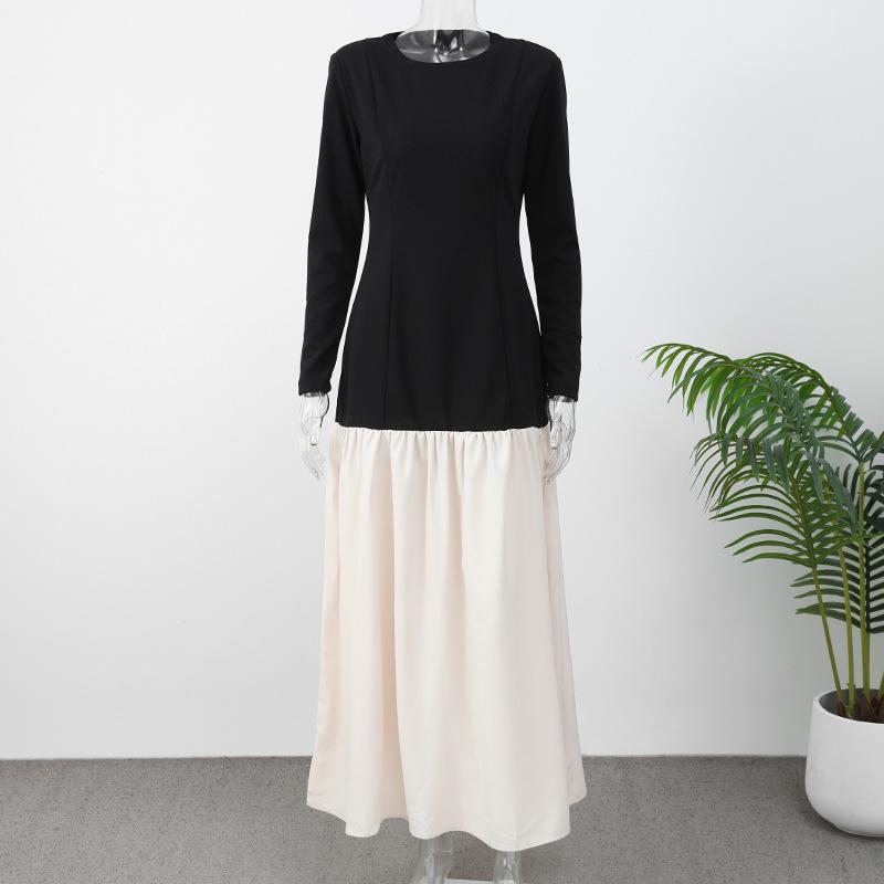 

Модное контрастное плиссированное длинное платье для женщин, повседневное свободное укороченное платье с круглым вырезом 2025 года, женское платье High Street, весна L чёрный/белый