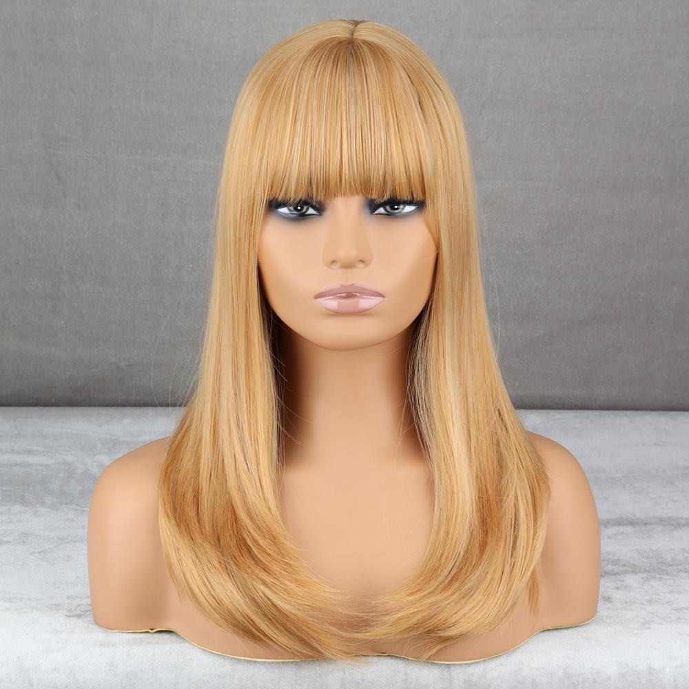 LISI HAIR Long Golden Synthetic Heat Resistant Fiber Wig with Bangs Straight Hair Wigs for Women Cosplay Daily Wear
