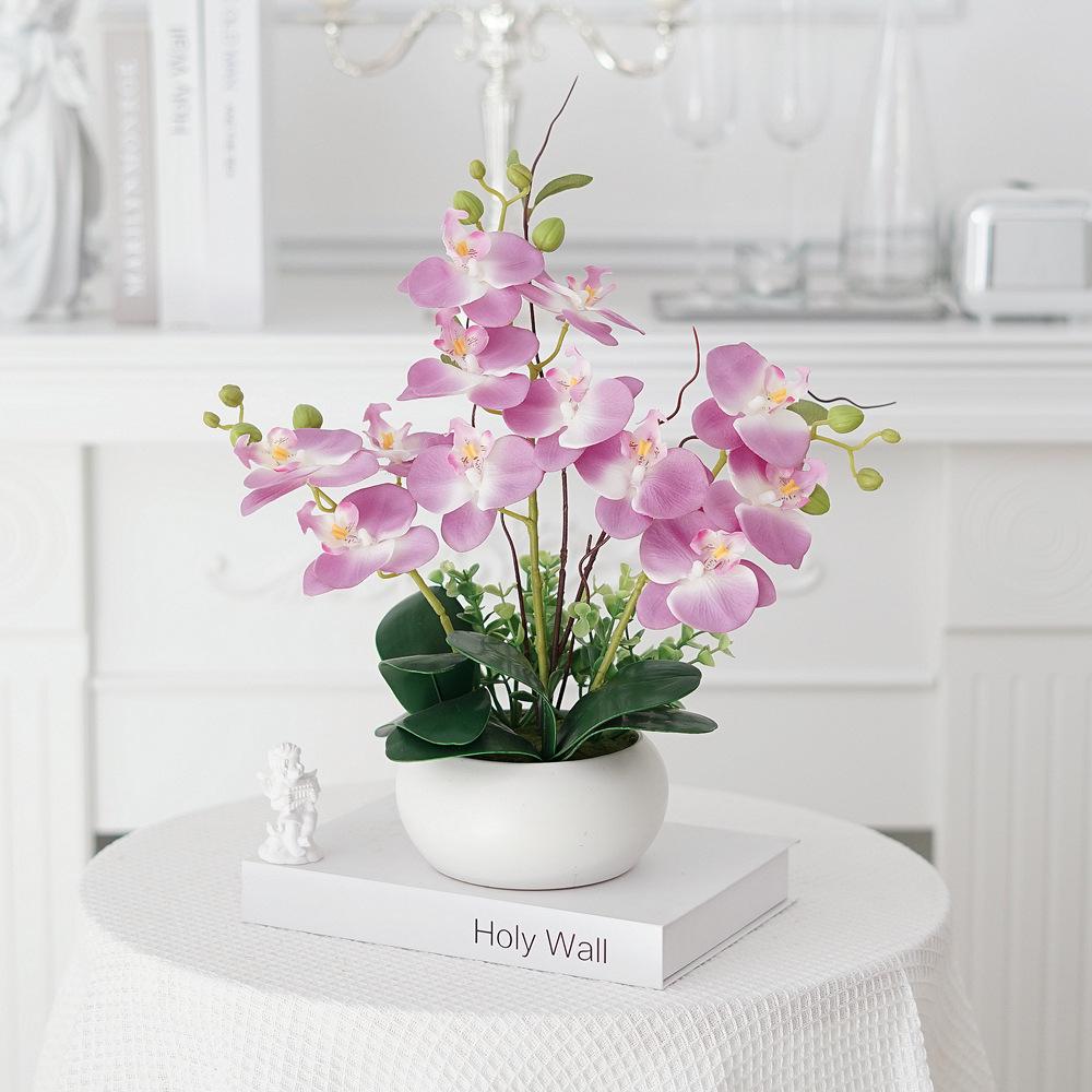 Phalaenopsis Artificial Flower Arrangement in Ceramic Pot – Decorative Faux Orchid for Living Room