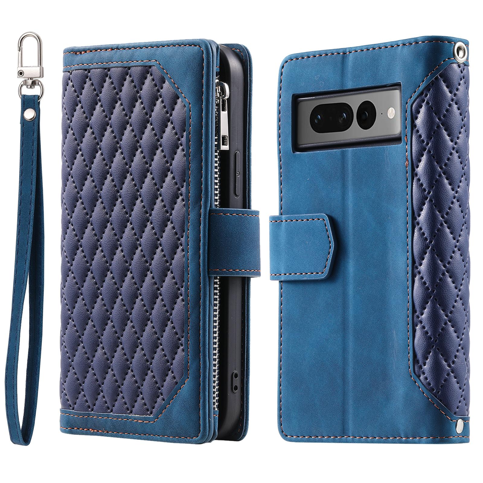 

For Google Pixel 9 Pro XL Cell Phone Case Wallet Stand Cover with Rhombus Texture Blue