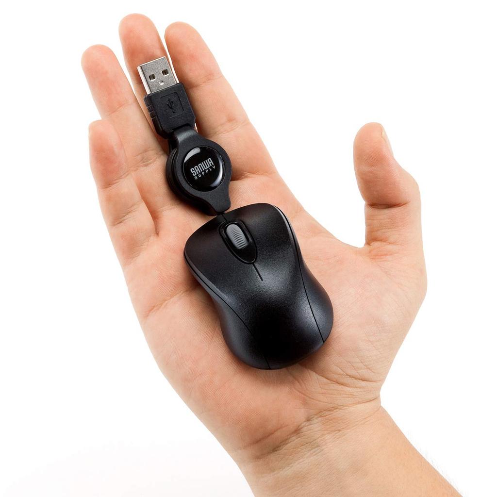 Sanwa Supply Cable Retractable Optical 3 Mouse, Ultra-Compact, Buttons, Black, MA-MA6BK