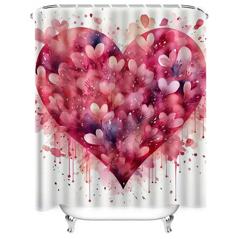 Watercolor Heart Splash Waterproof Shower Curtain, Artistic Design for Bathroom Decor, Enhances Romantic and Colorful Atmosphere