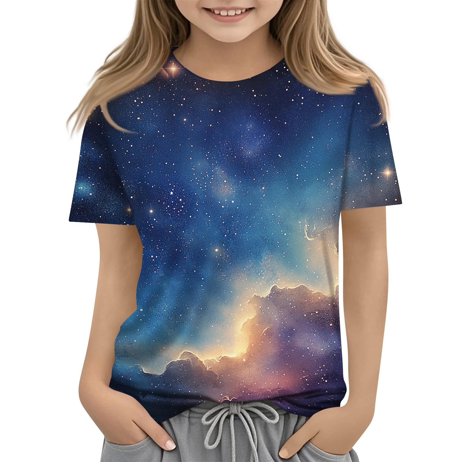 

Футболка для малышей, девочек и мальчиков, симпатичные футболки с принтом звездного неба, детские рубашки 1-15 лет 120 синий