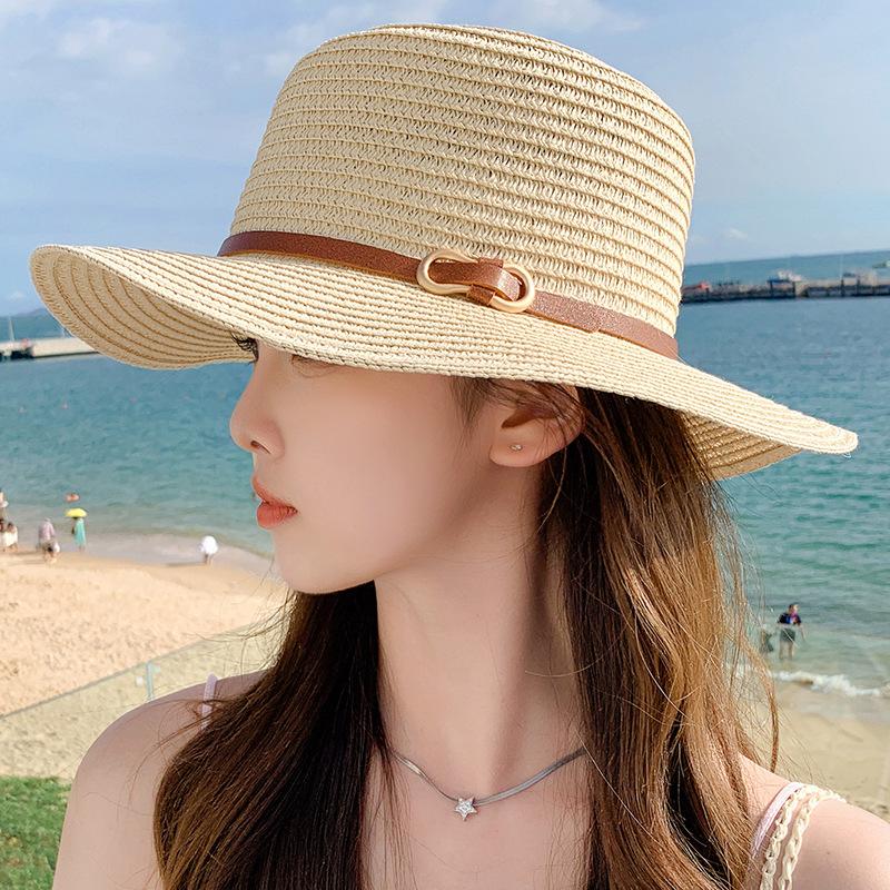 Summer Straw Sun Hat - Stripe Crafted Grass Material, Sun Protection, Inelasticity, No Feathers, Perfect for Travel and Beach - British Flat