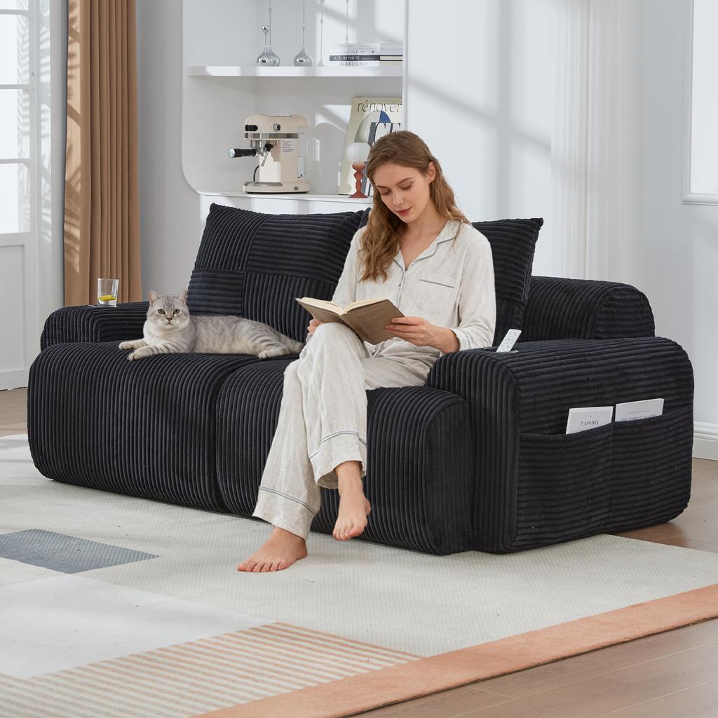 Modular Corduroy Sofa for 2 People, Vacuum-Packed, Includes Cup Holder and Side Storage Pocket. Ideal for Living Room and Family Room. Black