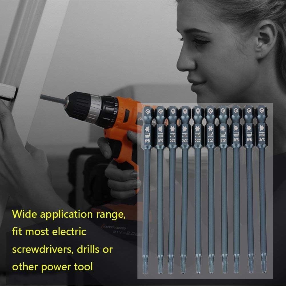 Hilitand 10pcs 100mm Long Torx Screwdriver Bits Set Alloy Steel 1/4" Hex Shank T10 Magnetic Security Star Head Screwdriver Bits (T 10)