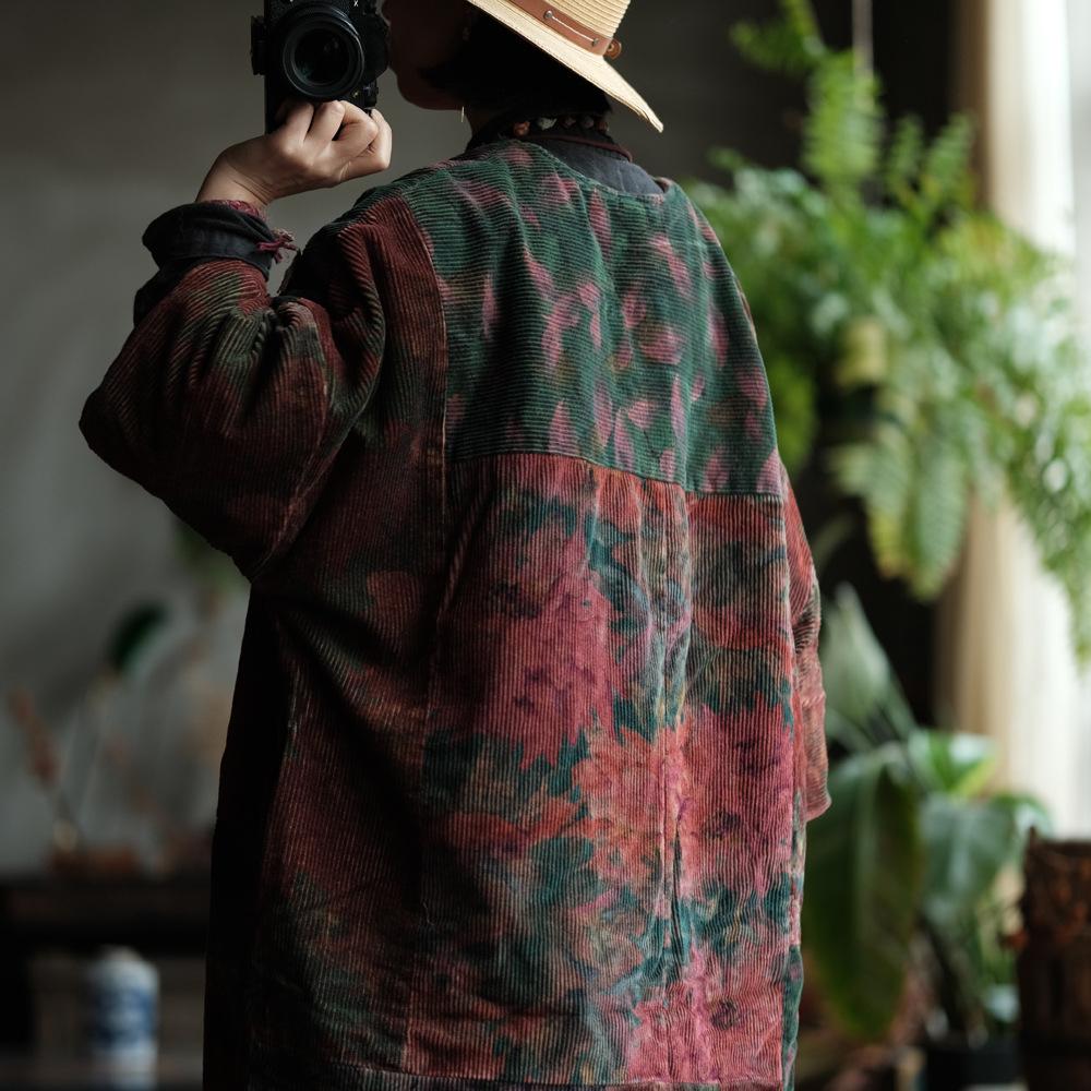 Johnature Women Patchwork Floral Pullover V-Neck Long Sleeve Warm Winter Chinese Style Female Dresses