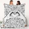 2D Platte Hart Handgeschilderd Kleurvlak Flanellen Deken, Zwart Wit Lijntekening voor Valentijnsdag Verjaardagscadeau