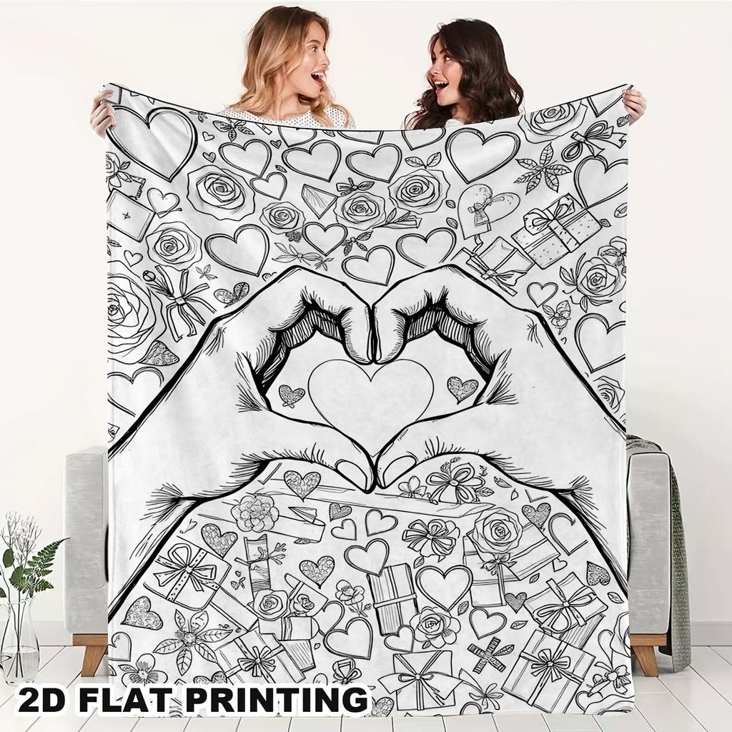 2D Flat Heart Hand-Painted Coloring Flannel Blanket, Black White Line Art for Valentine's Day Birthday Gift