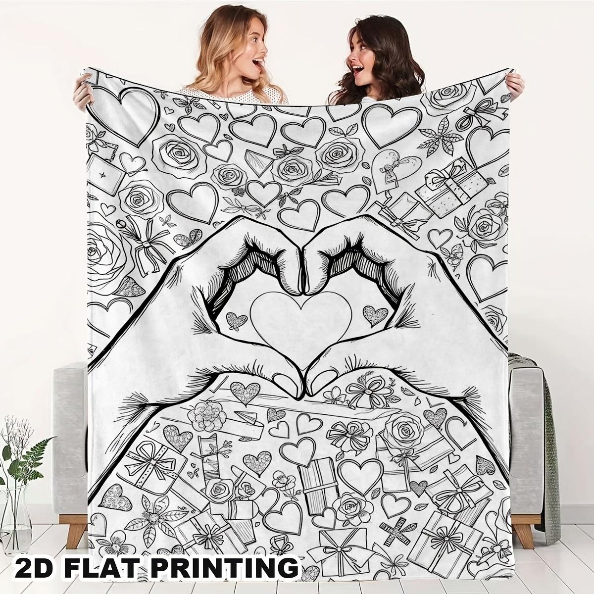 2D flaches Herz Handbemalte Ausmal-Flanell-Decke, Schwarz-Weiß-Linienkunst für Valentinstag Geburtstagsgeschenk Size: 75*100cm, Weight: 230 GSM gray