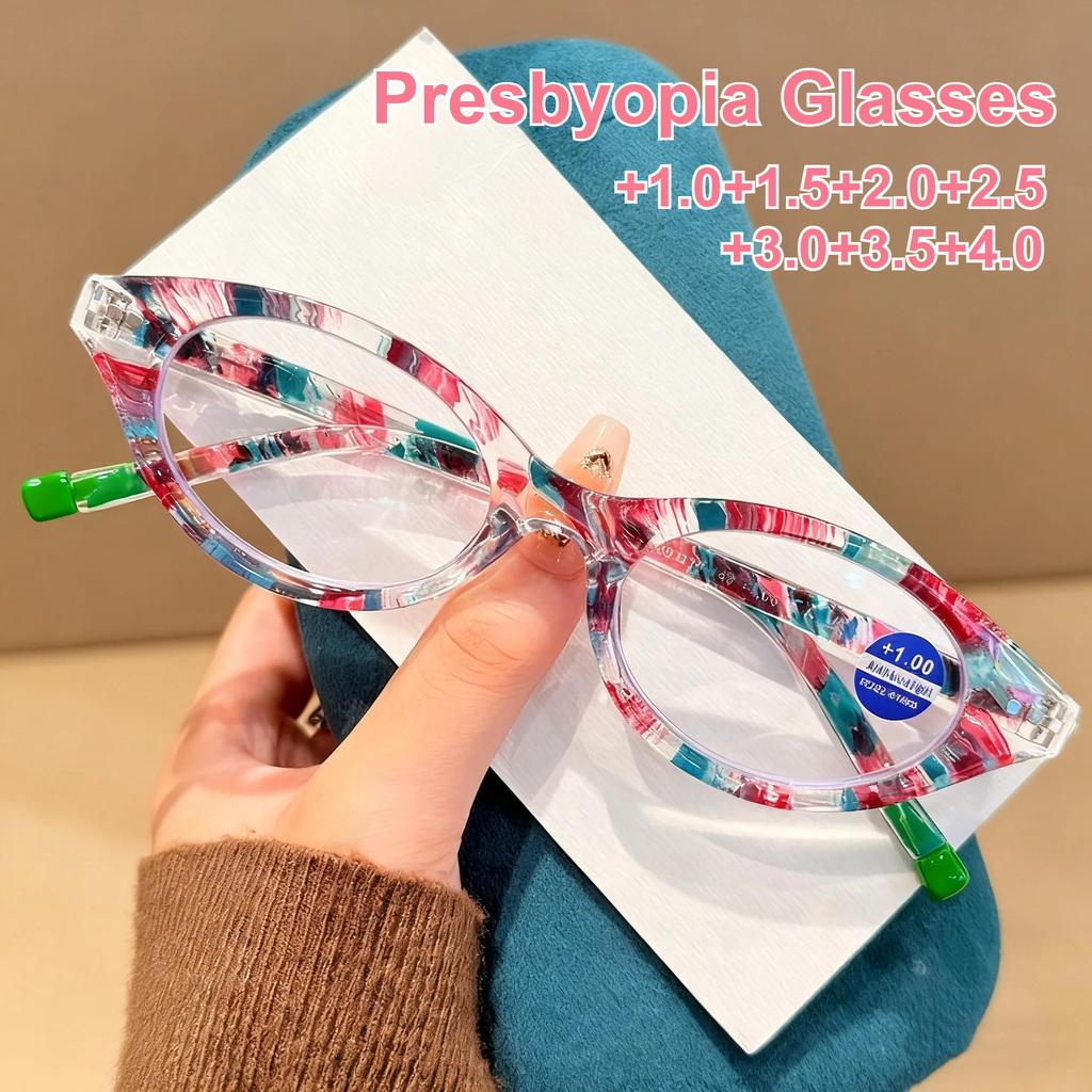 New Retro Oval Small Frame Far Sighted Glasses Anti Blue Light Spring Foot Reading Glasses Advanced Printing