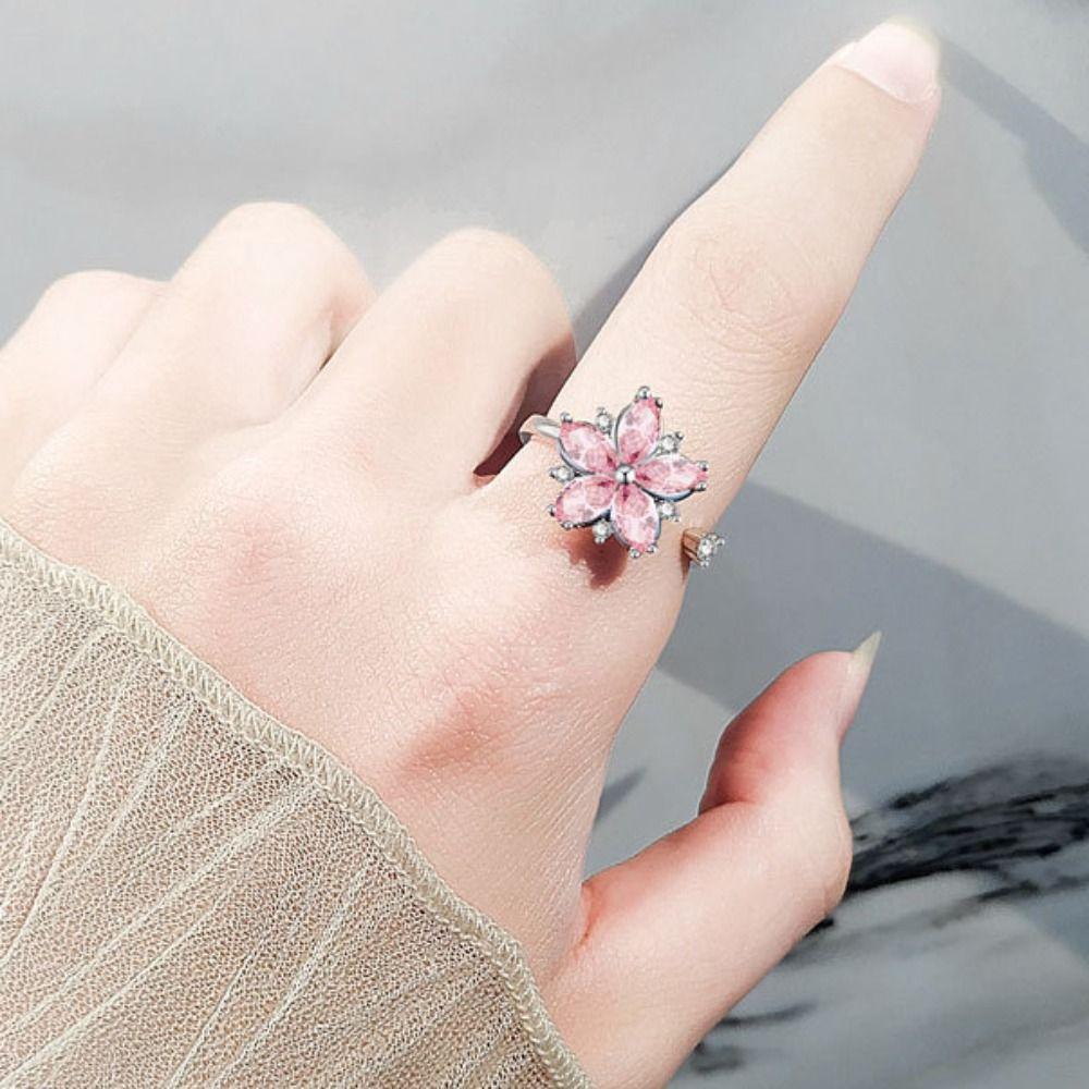 Female Ring Cherry Blossom Ring Rotating Design Pink Zircon Ring Floral Synthetic Ring Daily Wear
