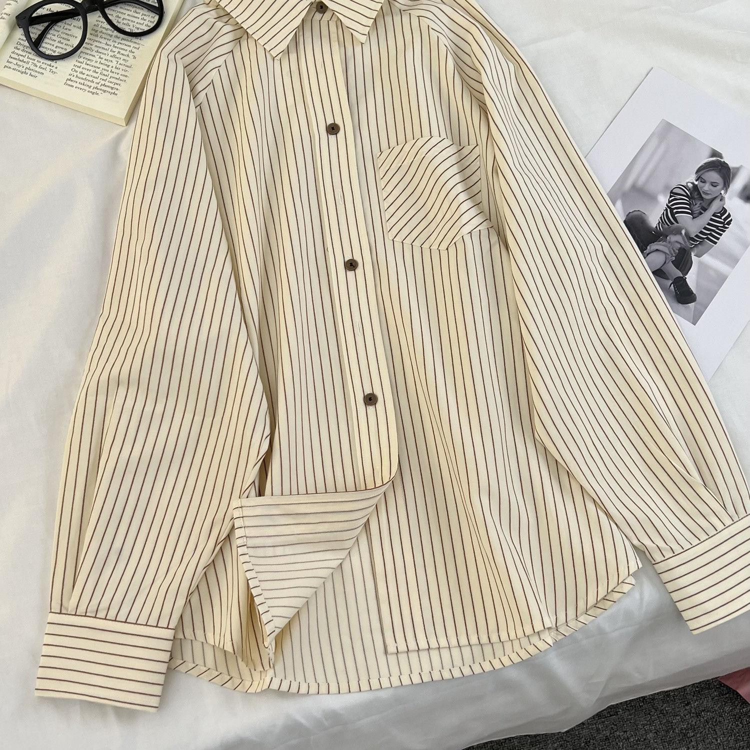 

Полосатая женская рубашка с рукавами реглан, весенне-осенняя японская женская блузка с длинными рукавами, свободная и простая внутренняя рубашка с отложным низом M