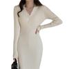 Vintage Knitted Sweater Long Sleeve Dresses Women Slim Korean Elegant Button V Neck Sweater Dress