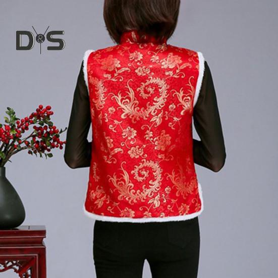 Women Winter Vest Chinese New Year Style Stand Collar Neck Protection Sleeveless Single-breasted Printed Thickened Festive Warm Spring Festival