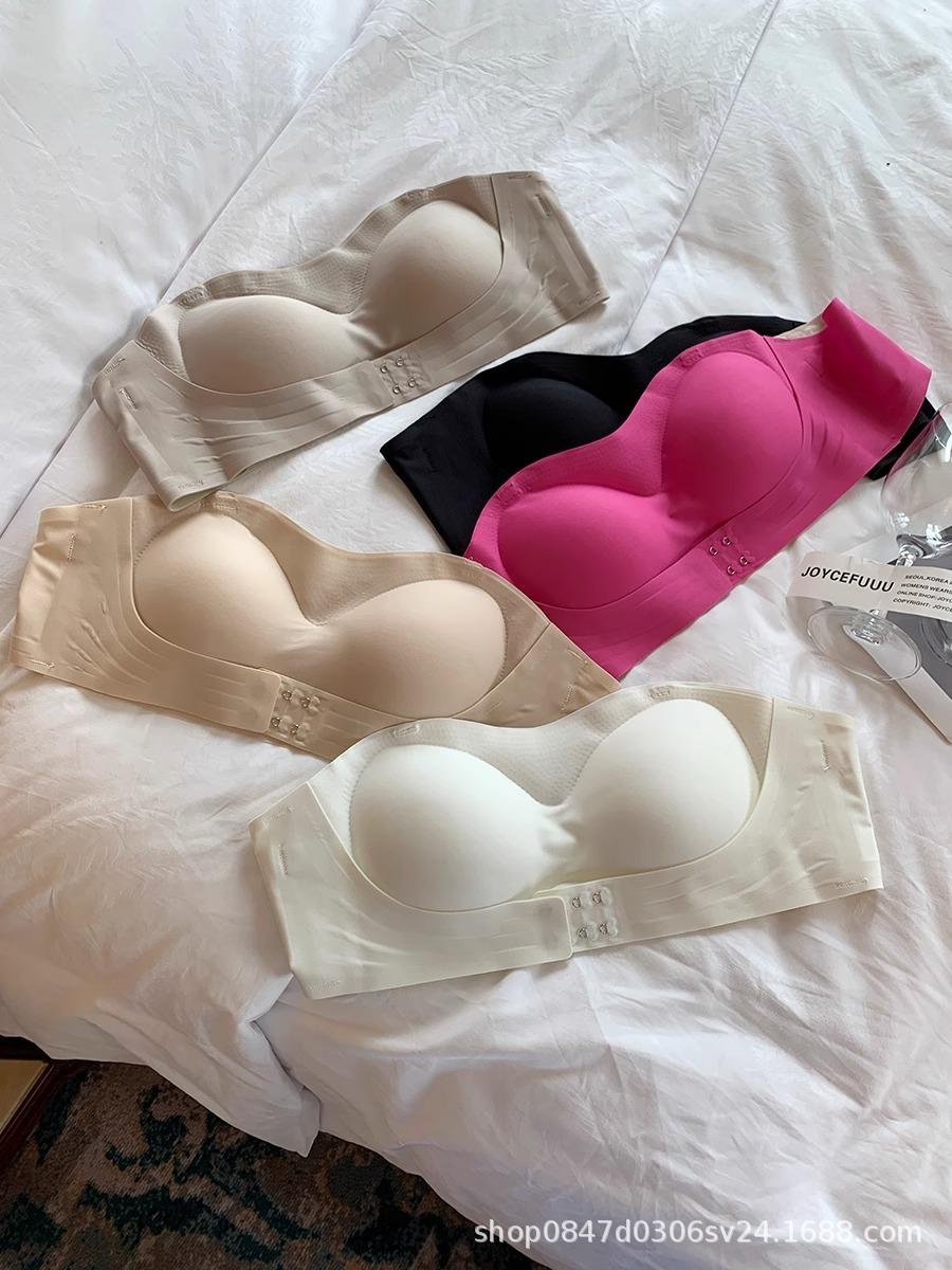 Invisible seamless underwear women s summer front buckle gathering large non-slip tube top strapless bra cover S шампанского