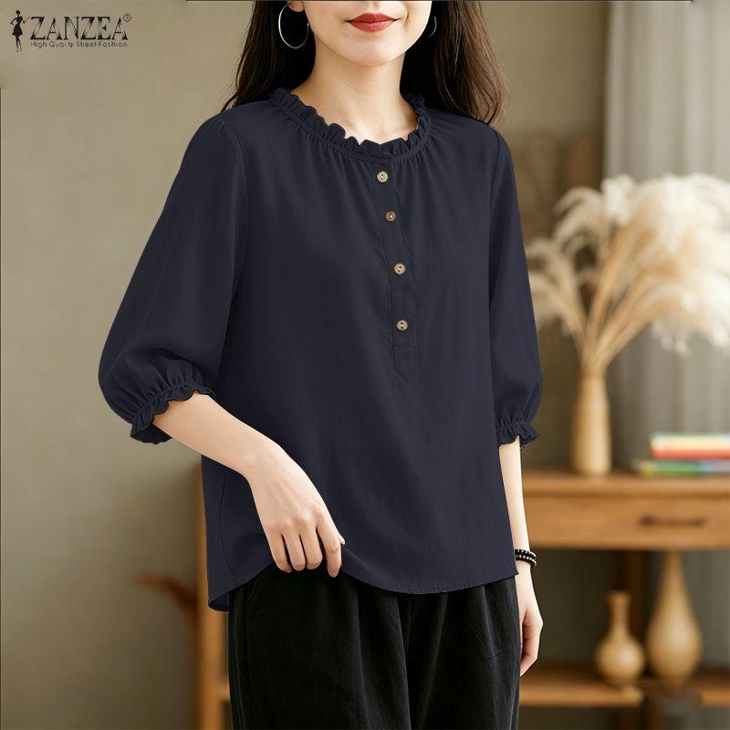 ZANZEA Women Casual Round Neck Solid Color 3/4 Sleeve Loose Blouse