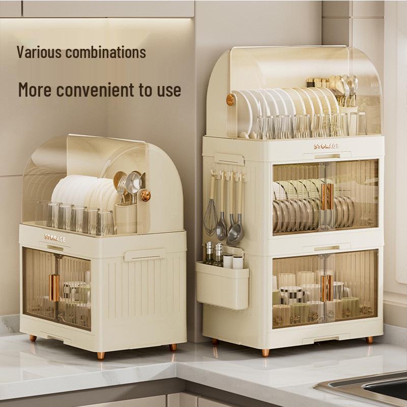 Foldable Multi-Layer Plastic Storage Cabinet with Lid - Organize Bowls, Plates, Baby Bottles, and Cups Dust-Free