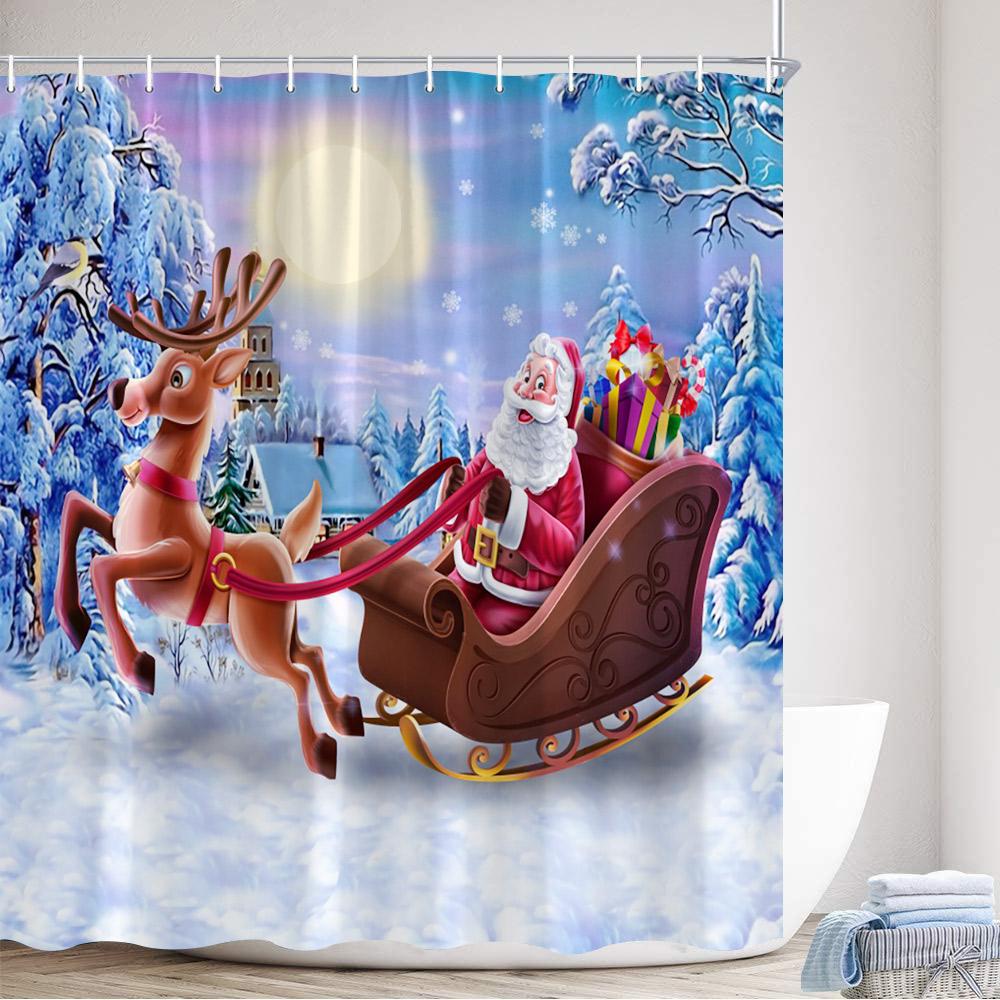 Christmas Shower Curtain Cute Snowman Santa Claus Xmas Tree Dog Winter Truck New Year Home Bathroom Curtains Decor With Hooks
