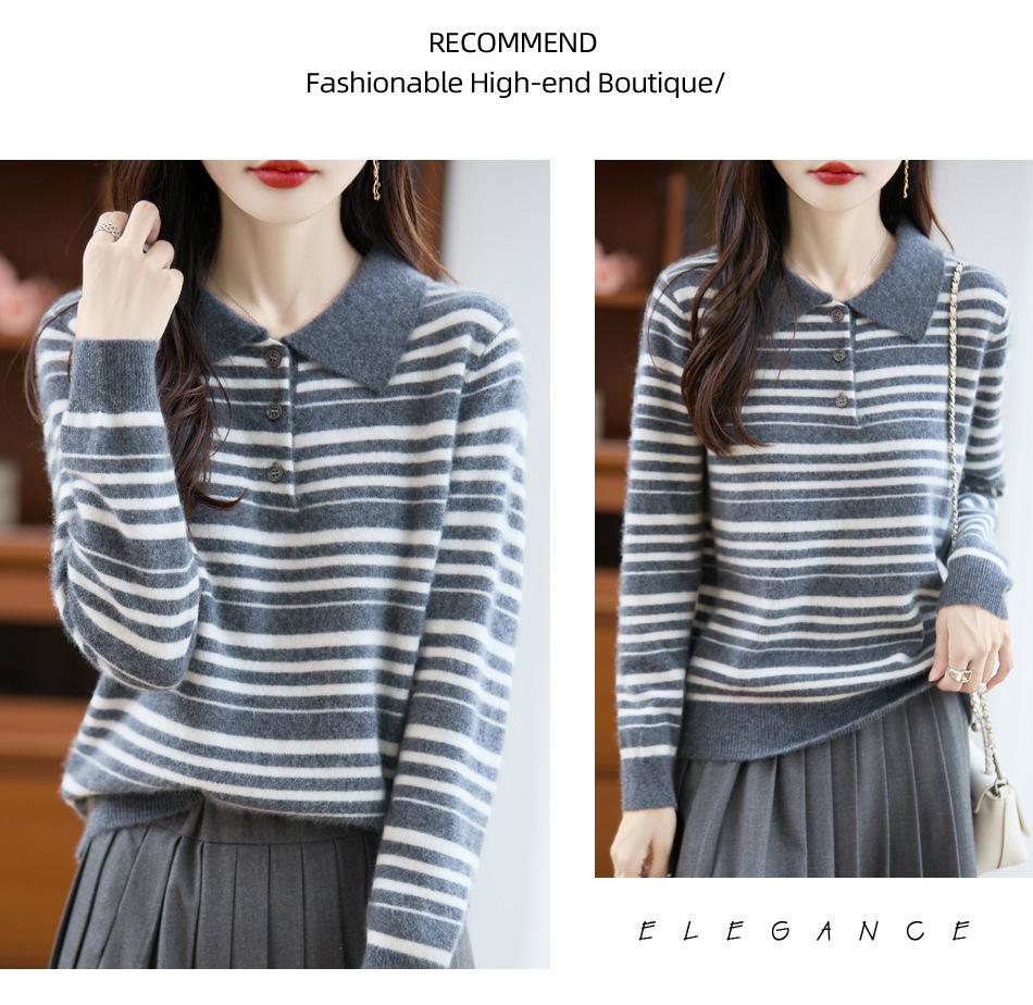 Women's Early Autumn Hong Kong Striped Color Block Polo Collar Knit Top - Stylish, Niche Lapel Loose Fit
