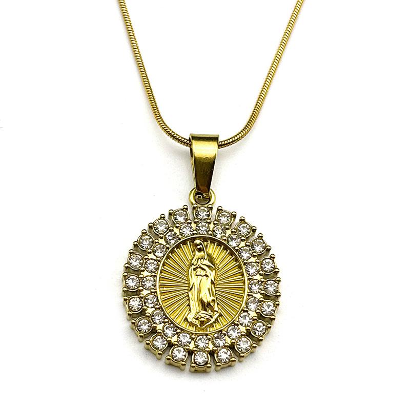 Luxury Rhinestones Virgin Mary Necklace for Women Men Stainless Steel Gold Color Catholic Guadalupe Chain Necklace Jewelry Gift